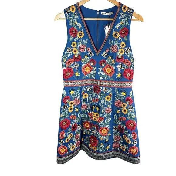 Alice + Olivia Patty Riviera Floral Embroidered A Line Mini Dress Size US 8 - Picture 2 of 15